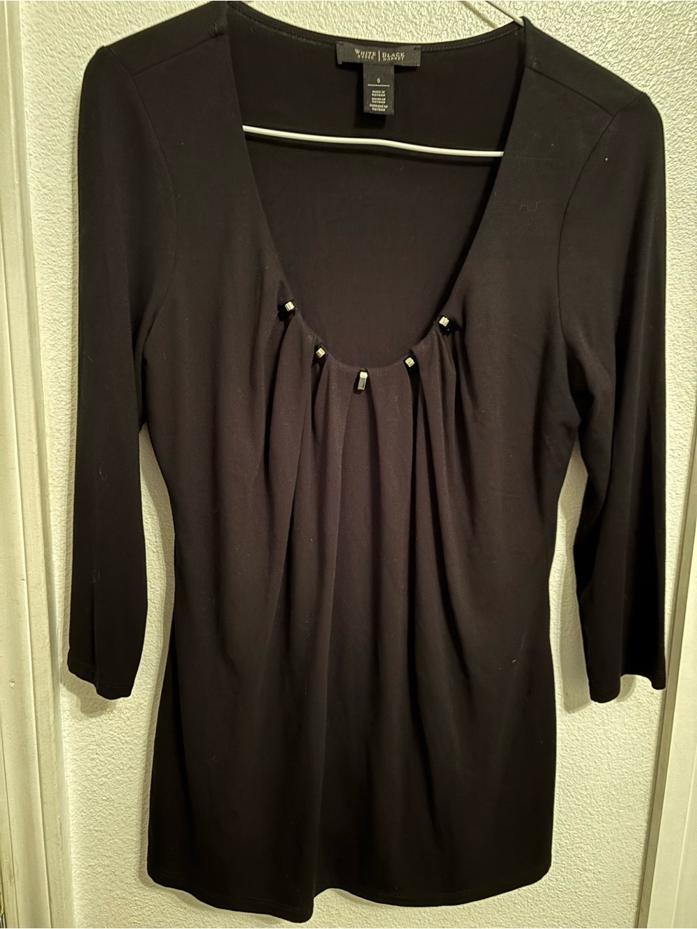 White House Black Market Black Scoop Neck Top with Pleated Front S
